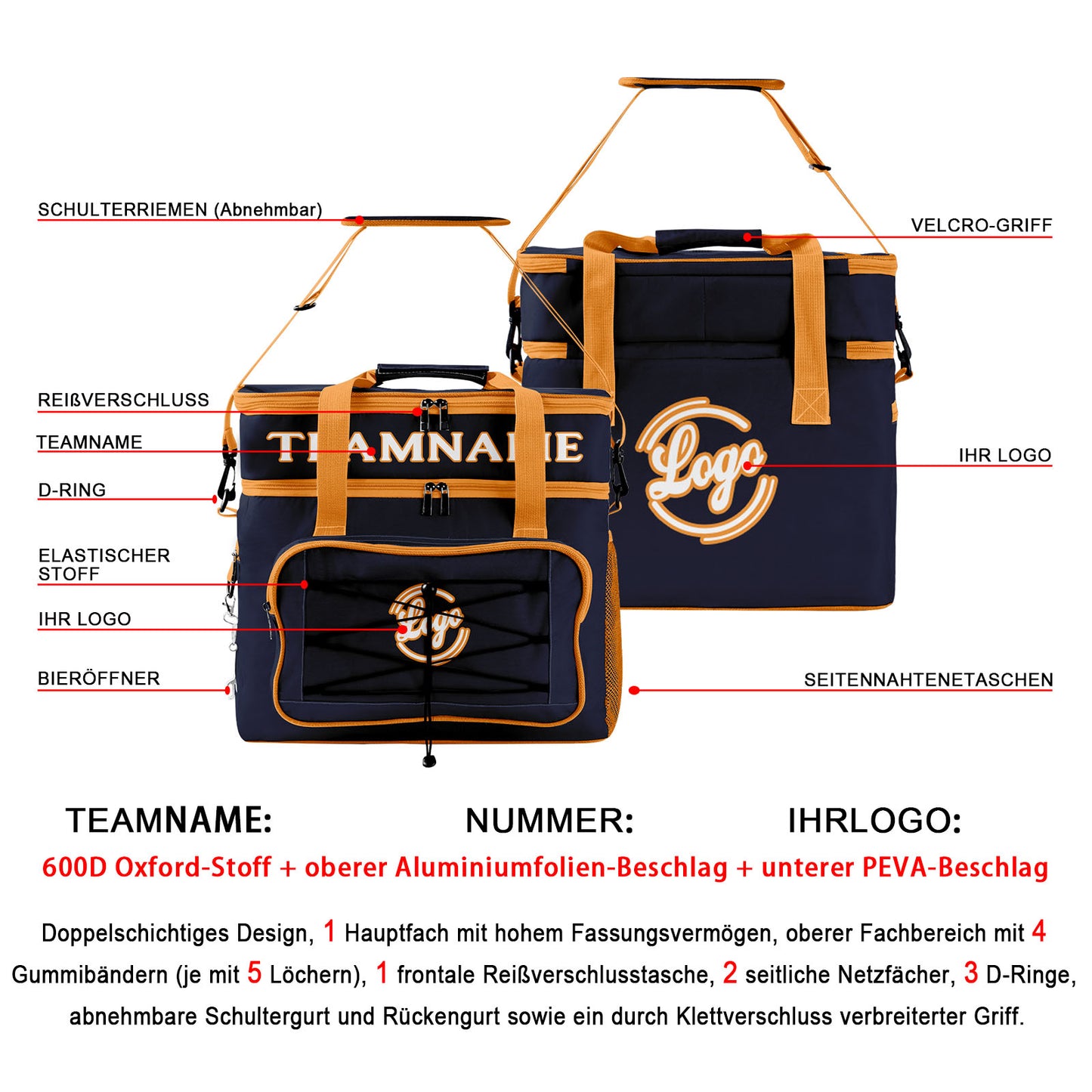 Maßgeschickerte Marine Orange vollflächig bedruckte isolierte Kühltasche mit Doppelwand Wasserdichte 600D Oxford Picknick-Tragetasche für Teamevents & Outdoor-Grillen