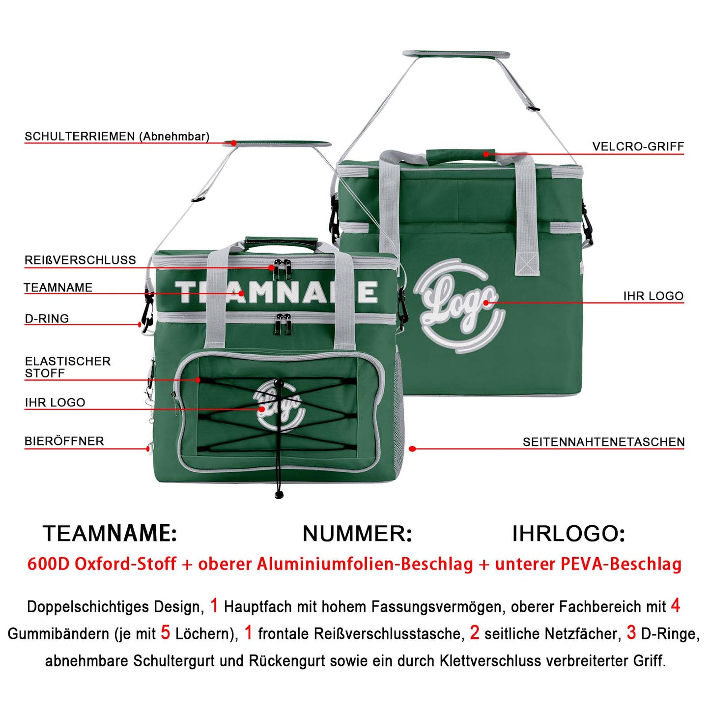Maßgeschickerte Dunkelgrün Grau vollflächig bedruckte isolierte Kühltasche mit Doppelwand Wasserdichte 600D Oxford Picknick-Tragetasche für Teamevents & Outdoor-Grillen