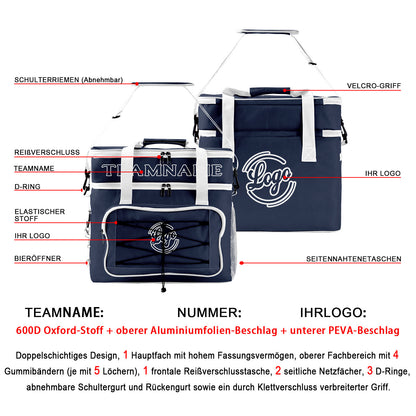 Maßgeschickerte Marine Weiß vollflächig bedruckte isolierte Kühltasche mit Doppelwand Wasserdichte 600D Oxford Picknick-Tragetasche für Teamevents & Outdoor-Grillen