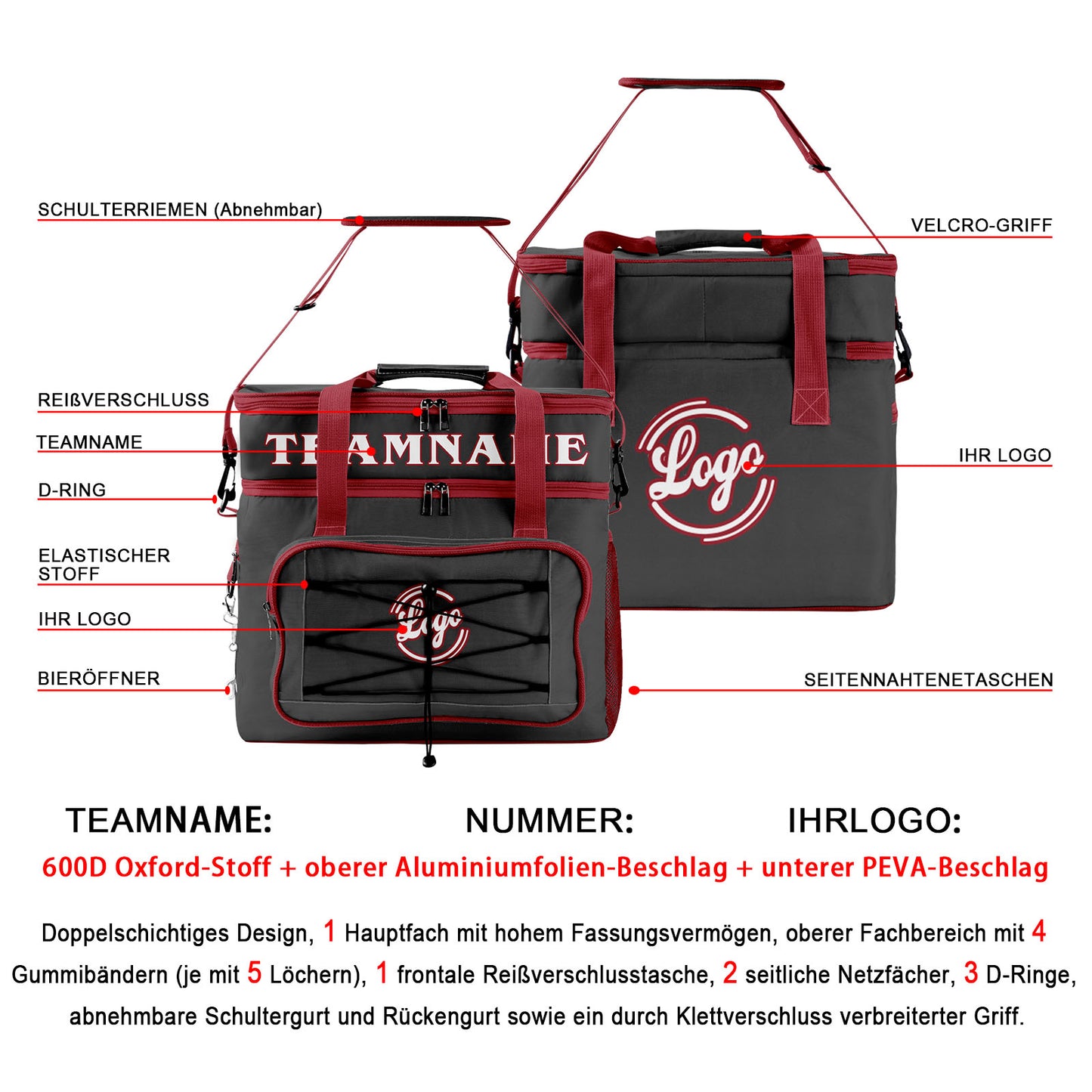 Maßgeschickerte Grau Rot vollflächig bedruckte isolierte Kühltasche mit Doppelwand Wasserdichte 600D Oxford Picknick-Tragetasche für Teamevents & Outdoor-Grillen
