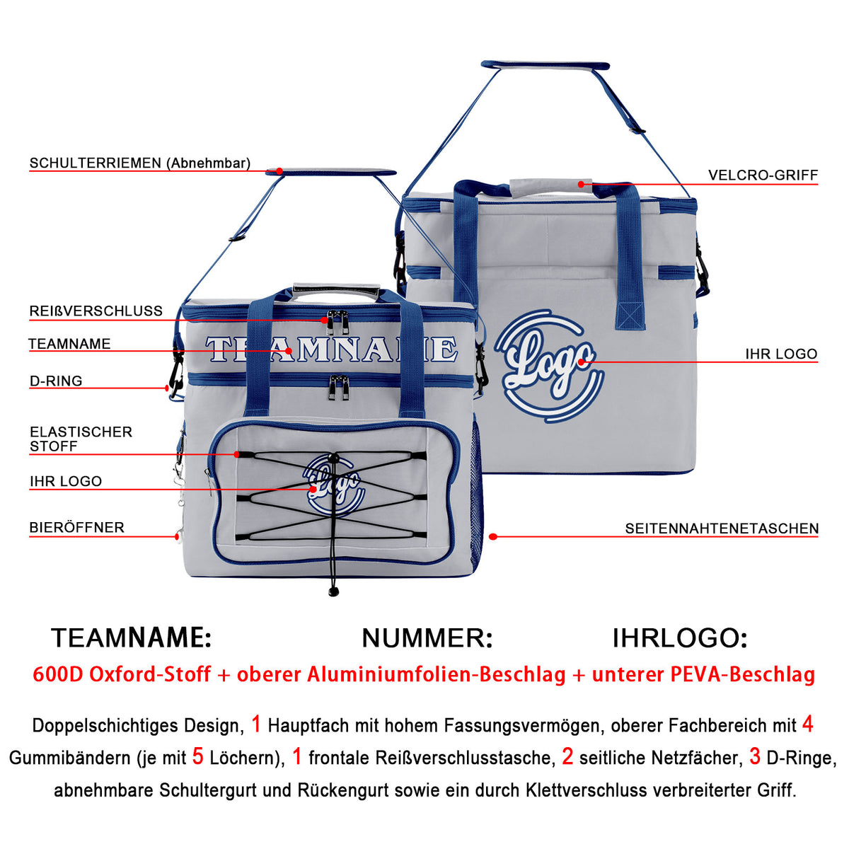 Maßgeschickerte Grau Dunkelblau vollflächig bedruckte isolierte Kühltasche mit Doppelwand Wasserdichte 600D Oxford Picknick-Tragetasche für Teamevents & Outdoor-Grillen