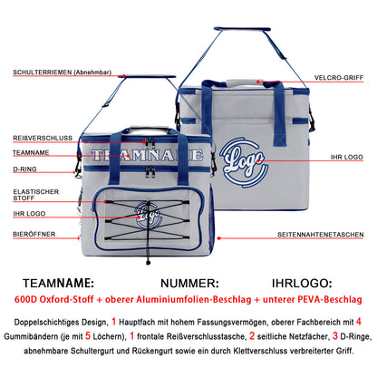 Maßgeschickerte Grau Dunkelblau vollflächig bedruckte isolierte Kühltasche mit Doppelwand Wasserdichte 600D Oxford Picknick-Tragetasche für Teamevents & Outdoor-Grillen