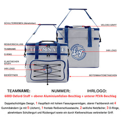 Maßgeschickerte Grau Dunkelblau vollflächig bedruckte isolierte Kühltasche mit Doppelwand Wasserdichte 600D Oxford Picknick-Tragetasche für Teamevents & Outdoor-Grillen