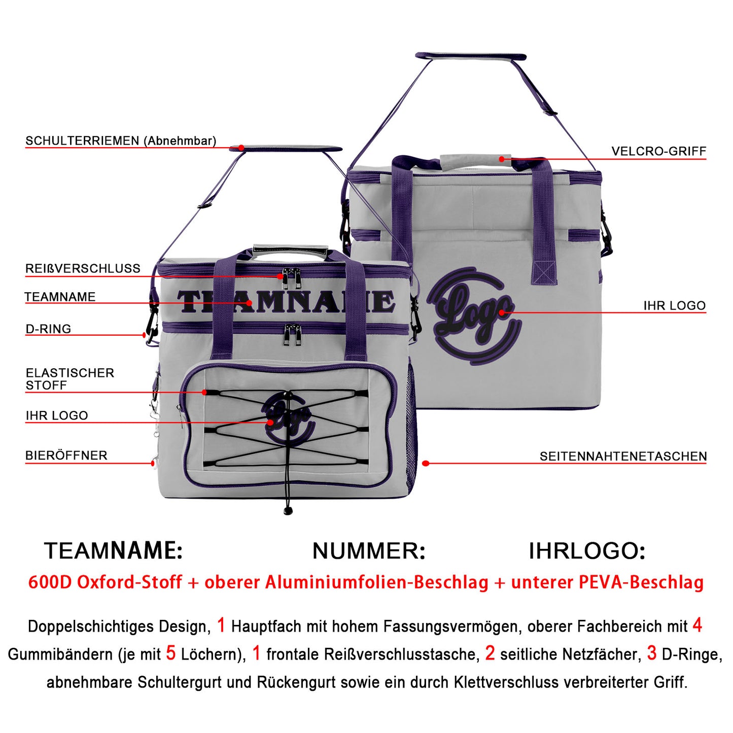 Maßgeschickerte Grau Lila vollflächig bedruckte isolierte Kühltasche mit Doppelwand Wasserdichte 600D Oxford Picknick-Tragetasche für Teamevents & Outdoor-Grillen