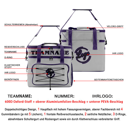 Maßgeschickerte Grau Lila vollflächig bedruckte isolierte Kühltasche mit Doppelwand Wasserdichte 600D Oxford Picknick-Tragetasche für Teamevents & Outdoor-Grillen