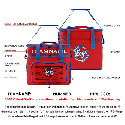 Maßgeschickerte Rot Blau vollflächig bedruckte isolierte Kühltasche mit Doppelwand Wasserdichte 600D Oxford Picknick-Tragetasche für Teamevents & Outdoor-Grillen
