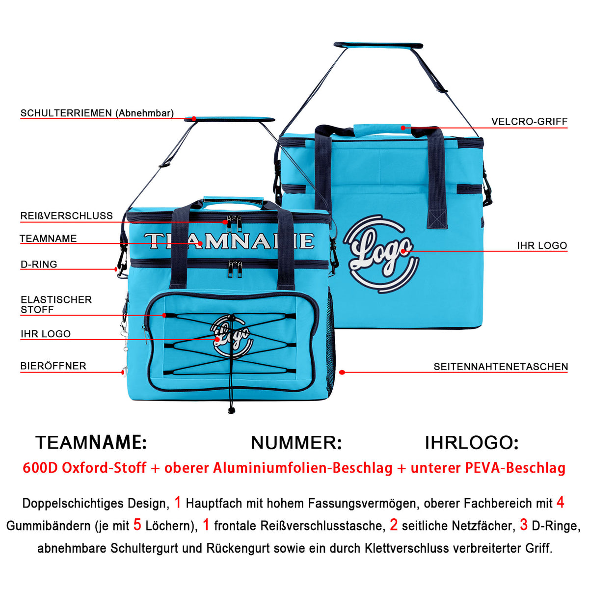 Maßgeschickerte Marineblau vollflächig bedruckte isolierte Kühltasche mit Doppelwand Wasserdichte 600D Oxford Picknick-Tragetasche für Teamevents & Outdoor-Grillen