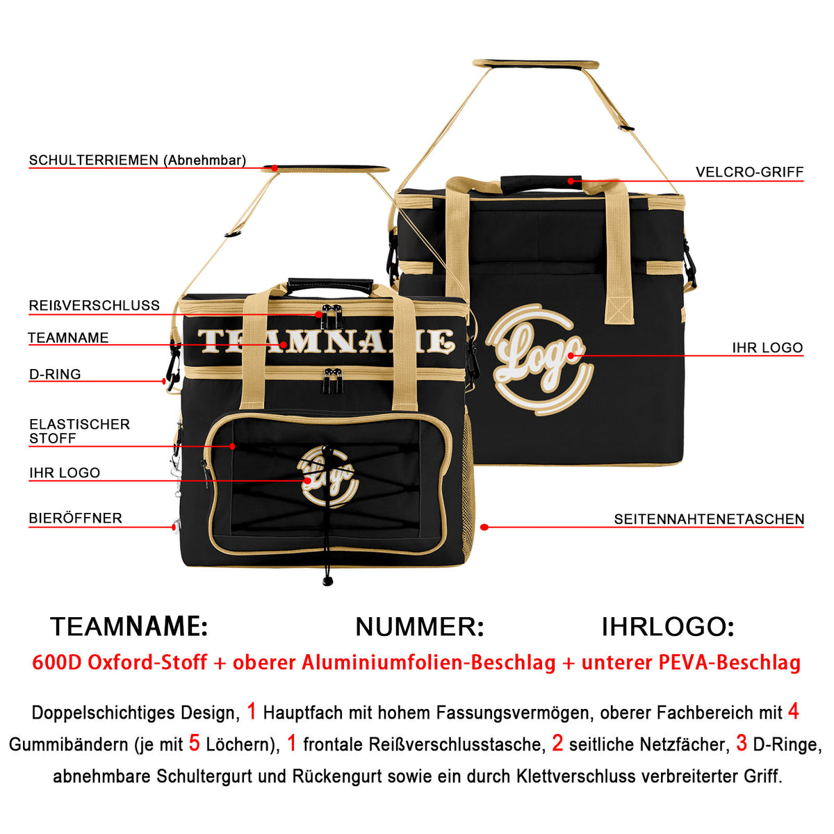 Maßgeschickerte  Schwarz Beige vollflächig bedruckte isolierte Kühltasche mit Doppelwand Wasserdichte 600D Oxford Picknick-Tragetasche für Teamevents & Outdoor-Grillen