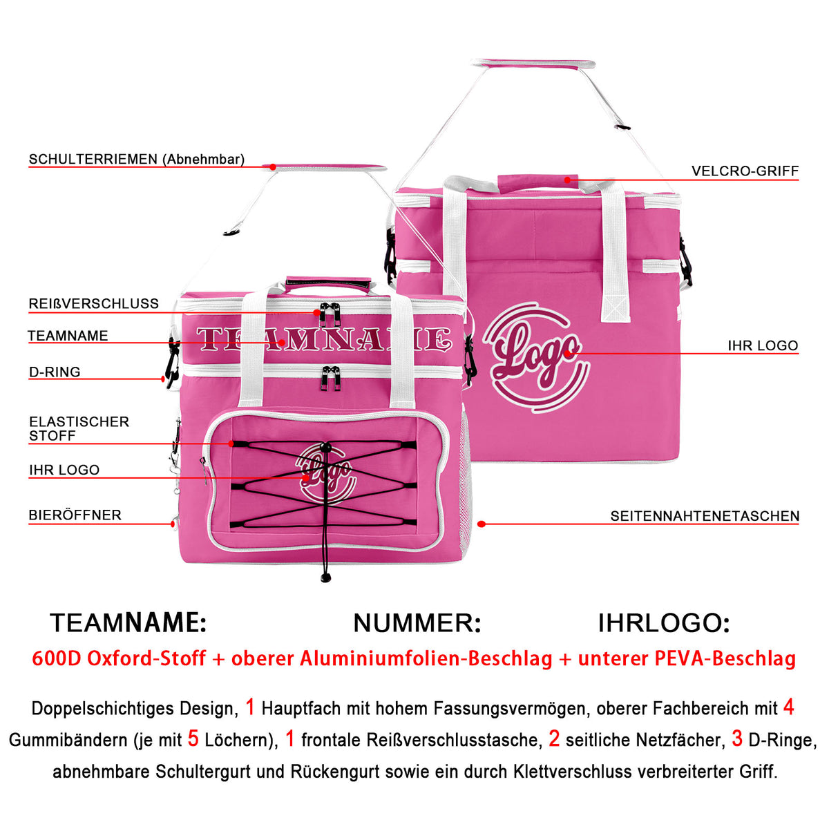 Maßgeschickerte Rosa Weiß vollflächig bedruckte isolierte Kühltasche mit Doppelwand Wasserdichte 600D Oxford Picknick-Tragetasche für Teamevents & Outdoor-Grillen