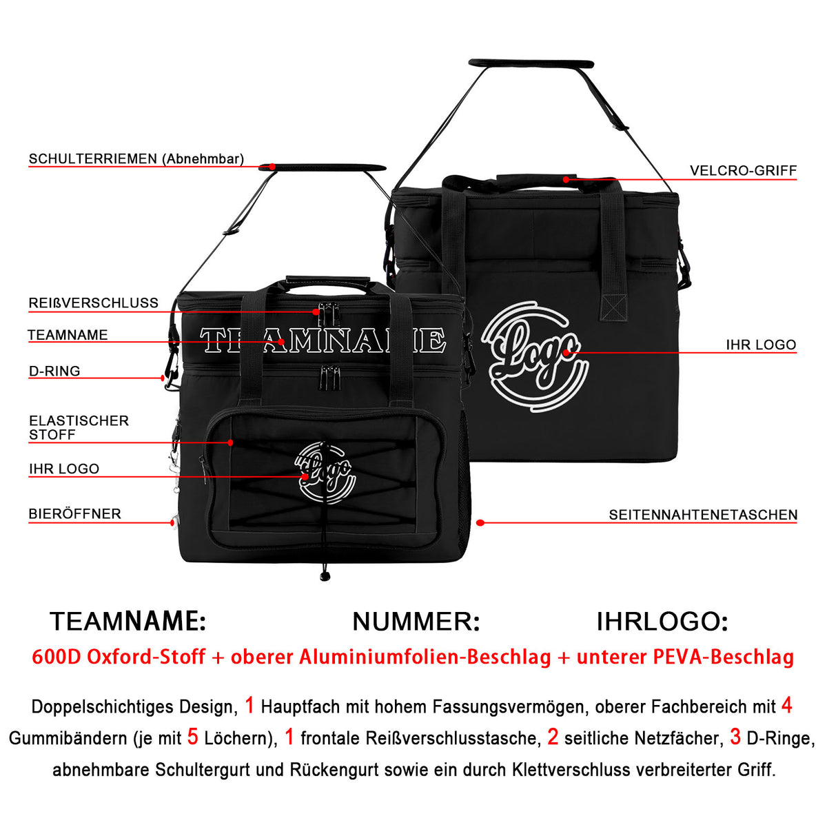 Maßgeschickerte Schwarz vollflächig bedruckte isolierte Kühltasche mit Doppelwand Wasserdichte 600D Oxford Picknick-Tragetasche für Teamevents & Outdoor-Grillen