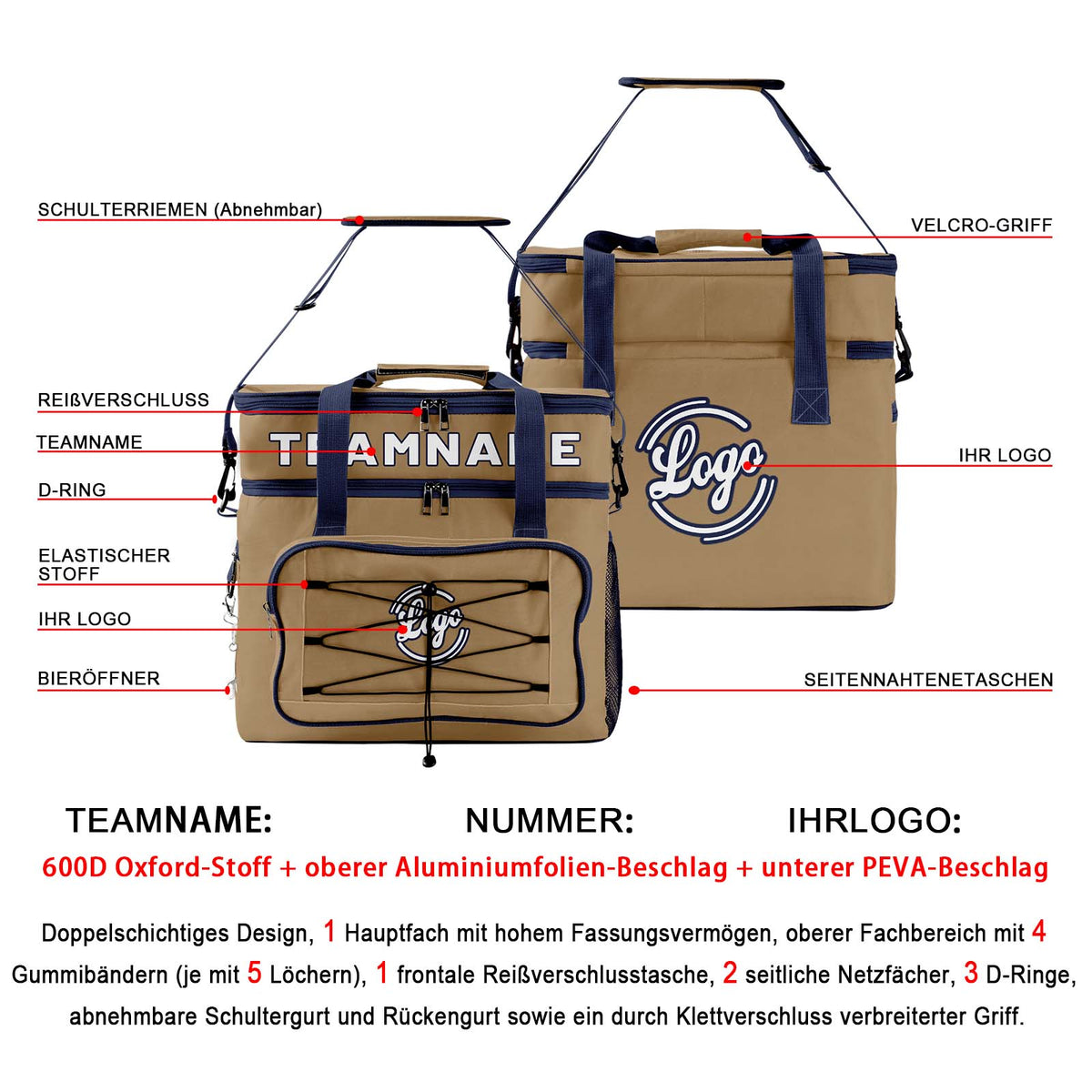 Maßgeschickerte Braun Blau vollflächig bedruckte isolierte Kühltasche mit Doppelwand Wasserdichte 600D Oxford Picknick-Tragetasche für Teamevents & Outdoor-Grillen