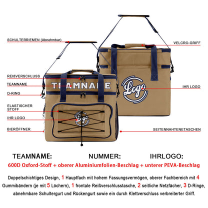 Maßgeschickerte Braun Blau vollflächig bedruckte isolierte Kühltasche mit Doppelwand Wasserdichte 600D Oxford Picknick-Tragetasche für Teamevents & Outdoor-Grillen