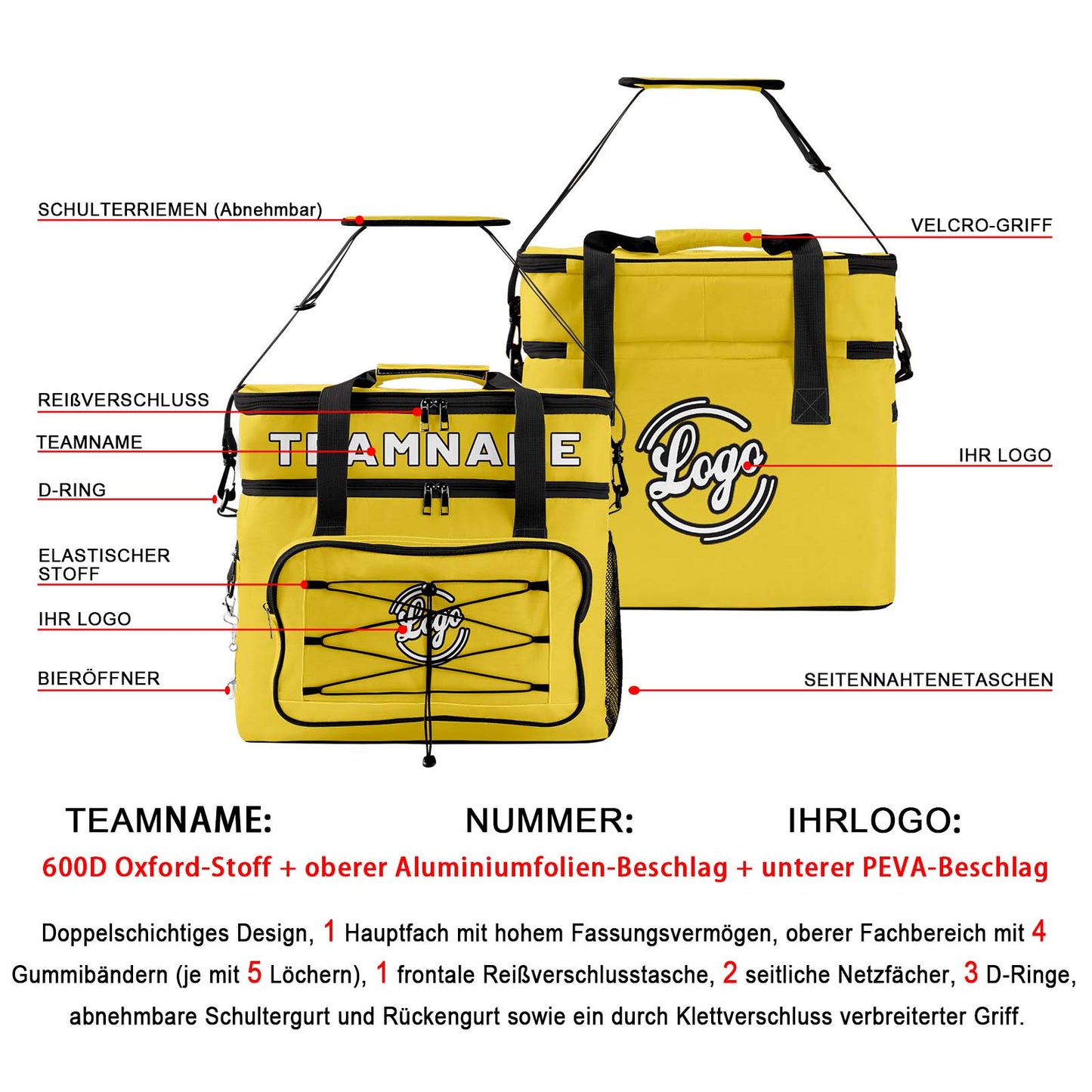 Maßgeschickerte Gelb Schwarz vollflächig bedruckte isolierte Kühltasche mit Doppelwand Wasserdichte 600D Oxford Picknick-Tragetasche für Teamevents & Outdoor-Grillen