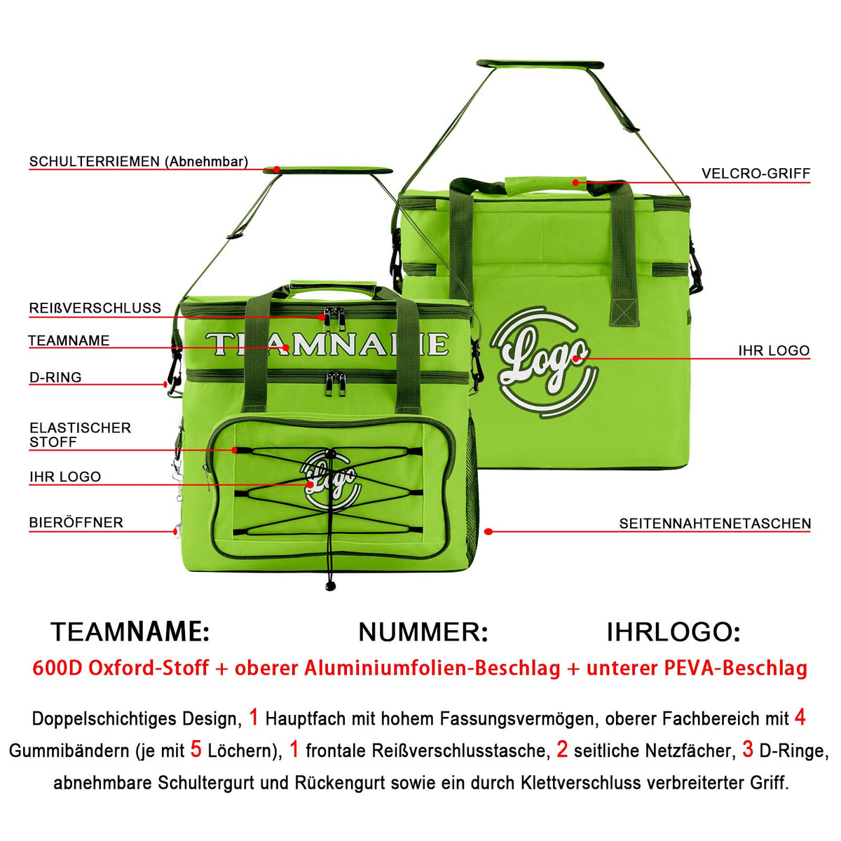 Maßgeschickerte Grün Dunkelgrün vollflächig bedruckte isolierte Kühltasche mit Doppelwand Wasserdichte 600D Oxford Picknick-Tragetasche für Teamevents & Outdoor-Grillen