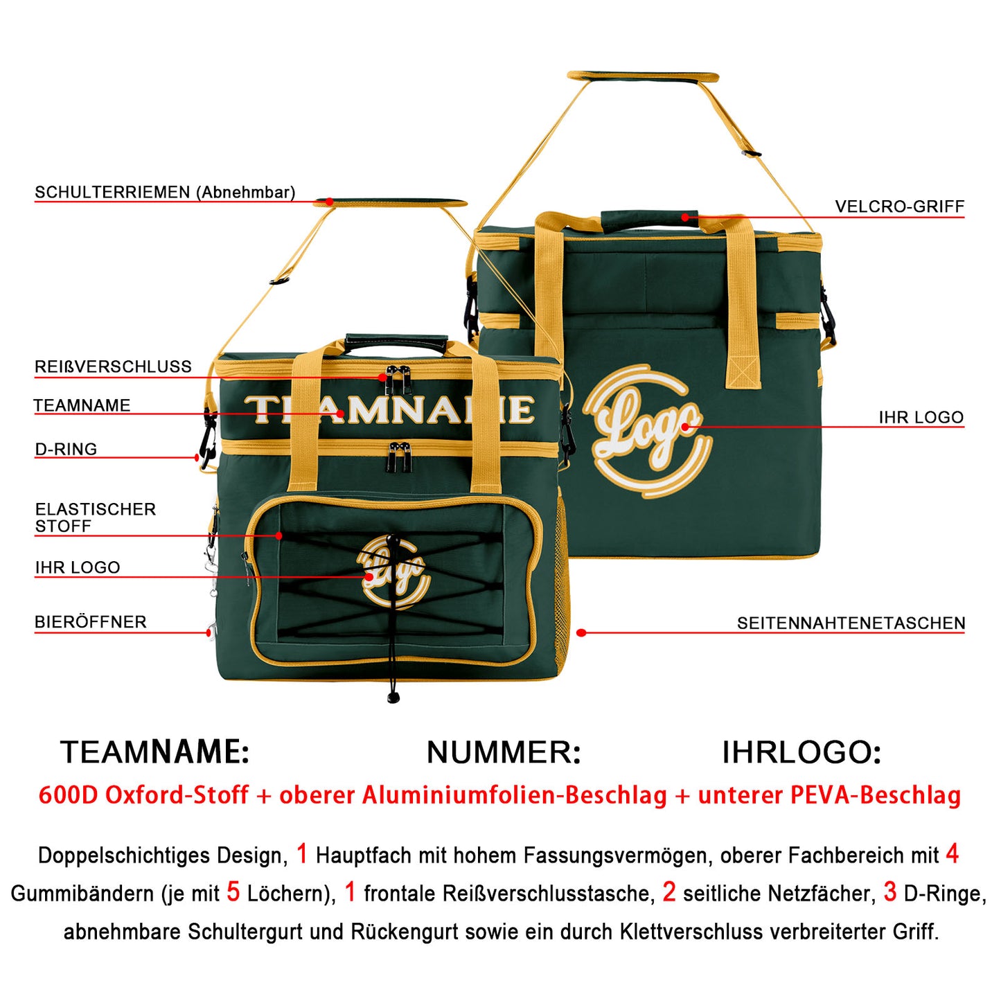 Maßgeschickerte Dunkelgrün Gelb vollflächig bedruckte isolierte Kühltasche mit Doppelwand Wasserdichte 600D Oxford Picknick-Tragetasche für Teamevents & Outdoor-Grillen