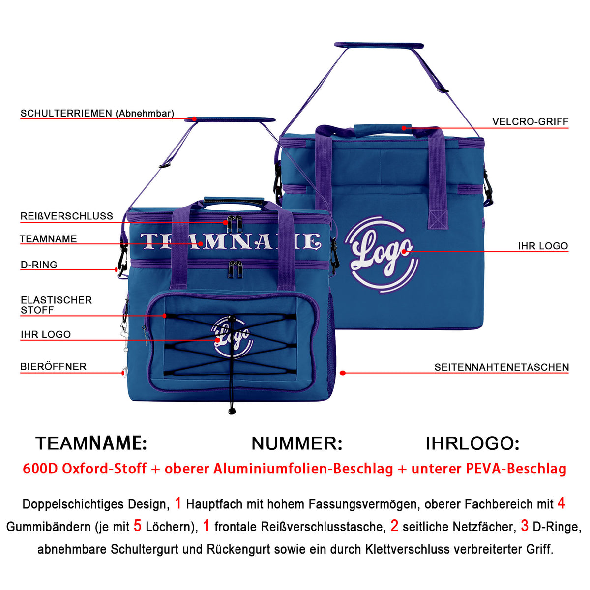 Maßgeschickerte Dunkelblau Lila vollflächig bedruckte isolierte Kühltasche mit Doppelwand Wasserdichte 600D Oxford Picknick-Tragetasche für Teamevents & Outdoor-Grillen