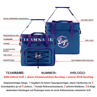 Maßgeschickerte Dunkelblau Lila vollflächig bedruckte isolierte Kühltasche mit Doppelwand Wasserdichte 600D Oxford Picknick-Tragetasche für Teamevents & Outdoor-Grillen