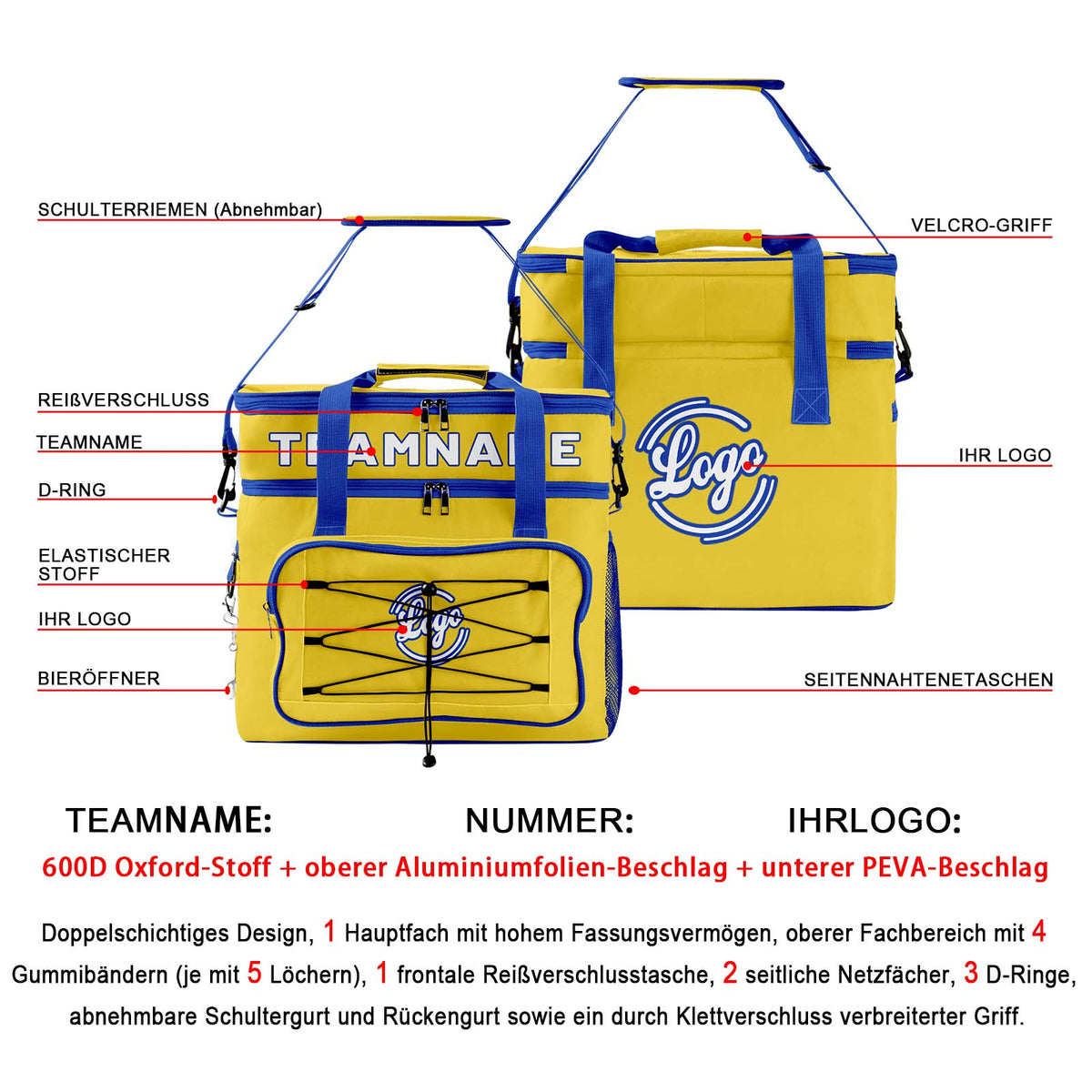 Maßgeschickerte Gelb Blau vollflächig bedruckte isolierte Kühltasche mit Doppelwand Wasserdichte 600D Oxford Picknick-Tragetasche für Teamevents & Outdoor-Grillen