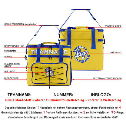 Maßgeschickerte Gelb Blau vollflächig bedruckte isolierte Kühltasche mit Doppelwand Wasserdichte 600D Oxford Picknick-Tragetasche für Teamevents & Outdoor-Grillen
