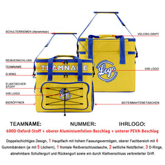 Maßgeschickerte Gelb Blau vollflächig bedruckte isolierte Kühltasche mit Doppelwand Wasserdichte 600D Oxford Picknick-Tragetasche für Teamevents & Outdoor-Grillen