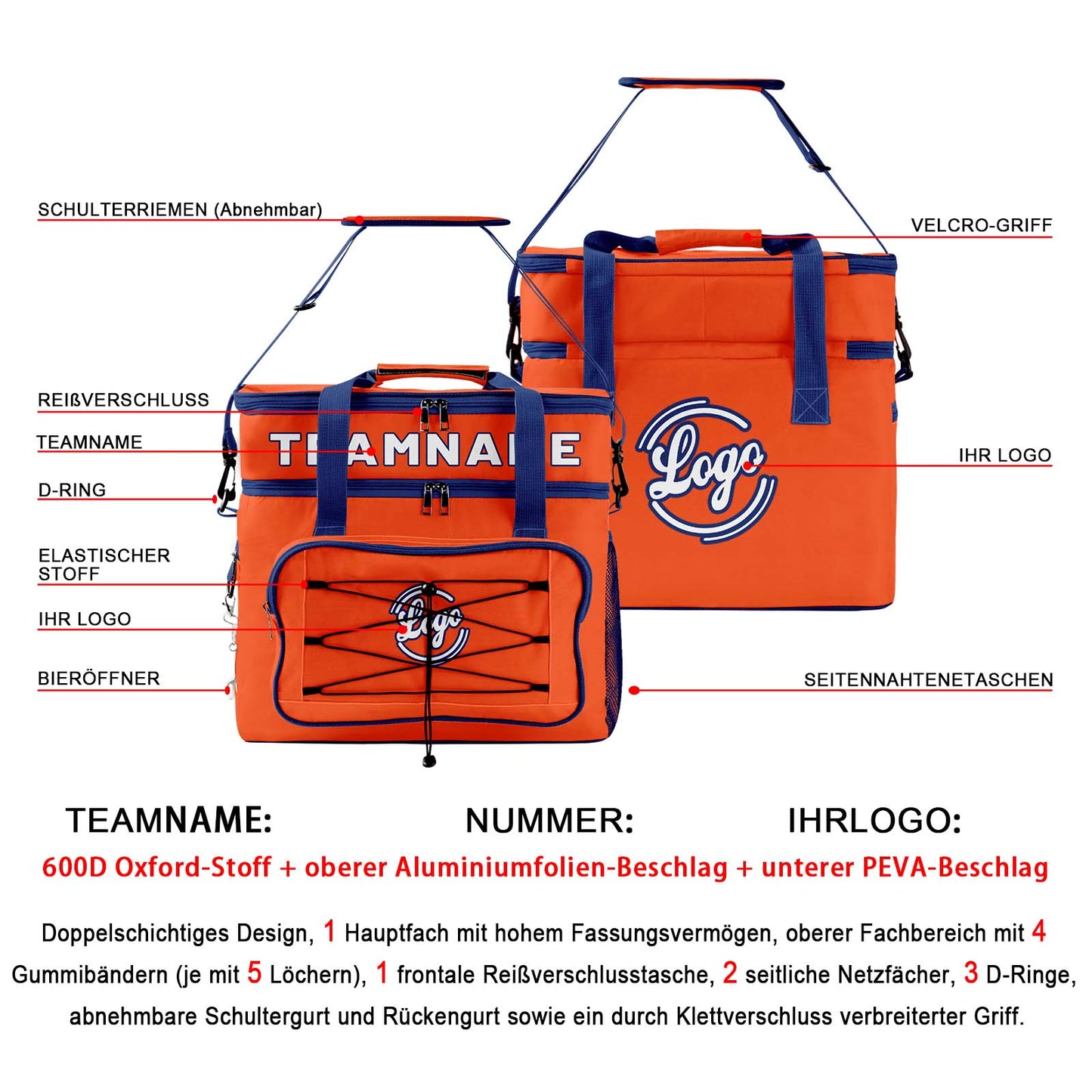 Maßgeschickerte Orange Dunkelblau vollflächig bedruckte isolierte Kühltasche mit Doppelwand Wasserdichte 600D Oxford Picknick-Tragetasche für Teamevents & Outdoor-Grillen