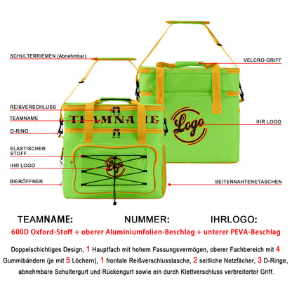 Maßgeschickerte Grün Gelb vollflächig bedruckte isolierte Kühltasche mit Doppelwand Wasserdichte 600D Oxford Picknick-Tragetasche für Teamevents & Outdoor-Grillen