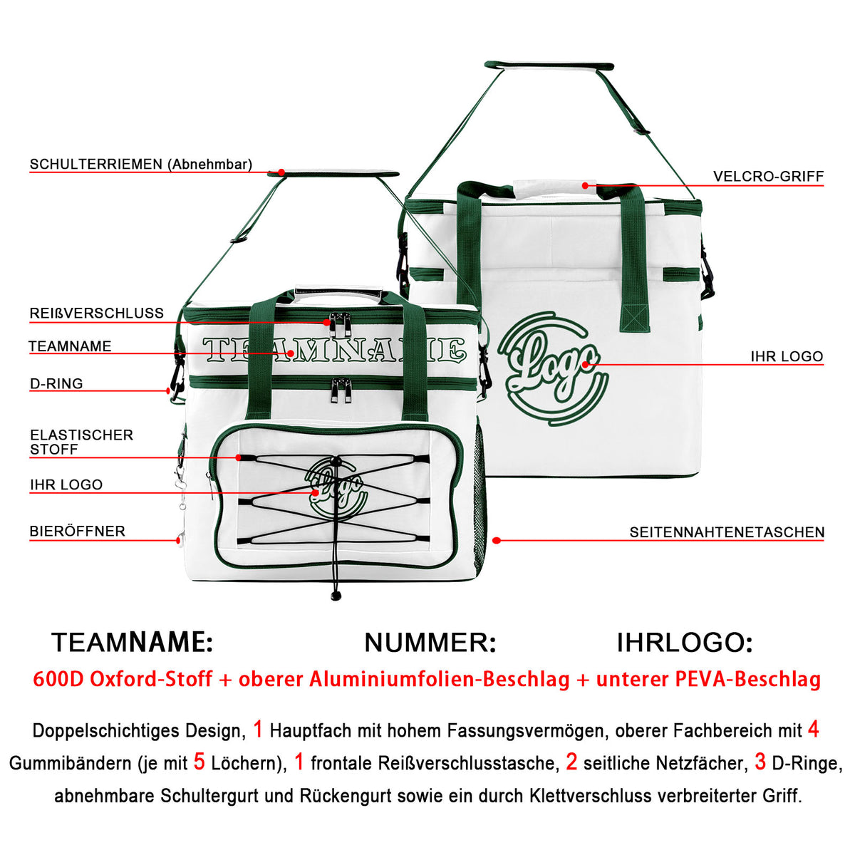 Maßgeschickerte Weiß Dunkelgrün vollflächig bedruckte isolierte Kühltasche mit Doppelwand Wasserdichte 600D Oxford Picknick-Tragetasche für Teamevents & Outdoor-Grillen