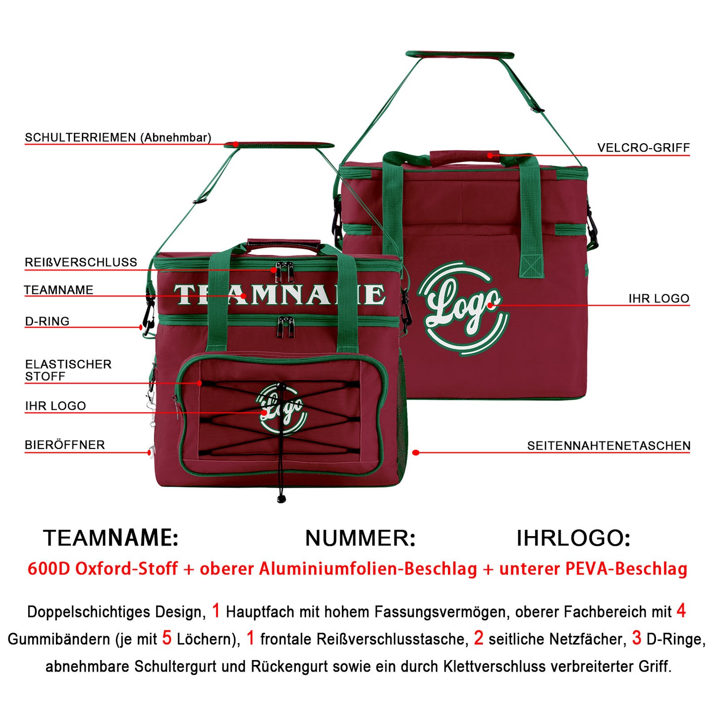 Maßgeschickerte Rot Grün vollflächig bedruckte isolierte Kühltasche mit Doppelwand Wasserdichte 600D Oxford Picknick-Tragetasche für Teamevents & Outdoor-Grillen