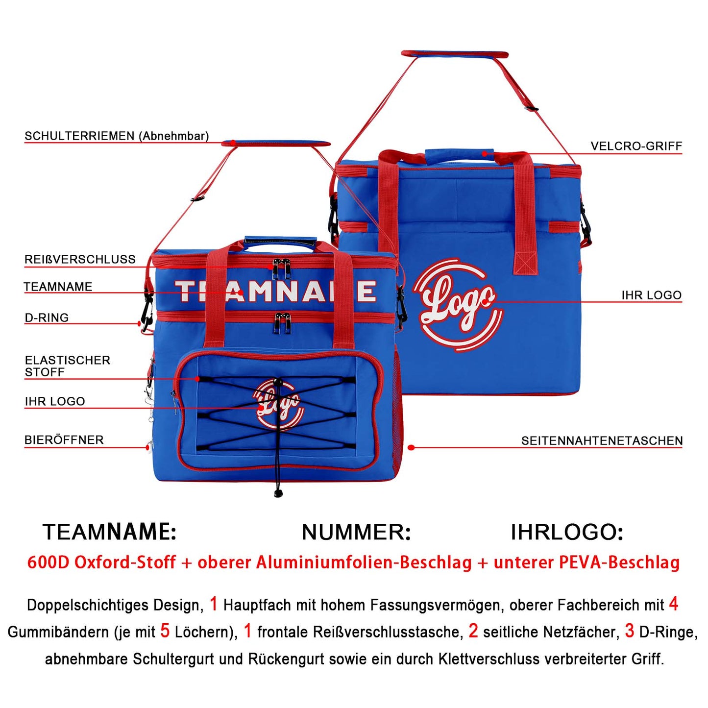 Maßgeschickerte Dunkelblau Rot vollflächig bedruckte isolierte Kühltasche mit Doppelwand Wasserdichte 600D Oxford Picknick-Tragetasche für Teamevents & Outdoor-Grillen