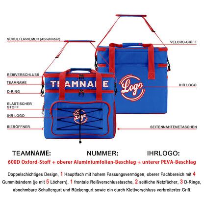 Maßgeschickerte Dunkelblau Rot vollflächig bedruckte isolierte Kühltasche mit Doppelwand Wasserdichte 600D Oxford Picknick-Tragetasche für Teamevents & Outdoor-Grillen