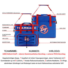 Maßgeschickerte Dunkelblau Rot vollflächig bedruckte isolierte Kühltasche mit Doppelwand Wasserdichte 600D Oxford Picknick-Tragetasche für Teamevents & Outdoor-Grillen