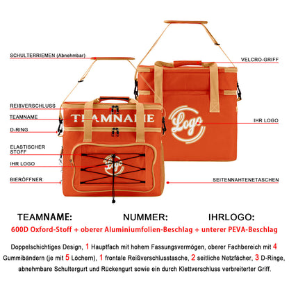 Maßgeschickerte Orange Beige vollflächig bedruckte isolierte Kühltasche mit Doppelwand Wasserdichte 600D Oxford Picknick-Tragetasche für Teamevents & Outdoor-Grillen
