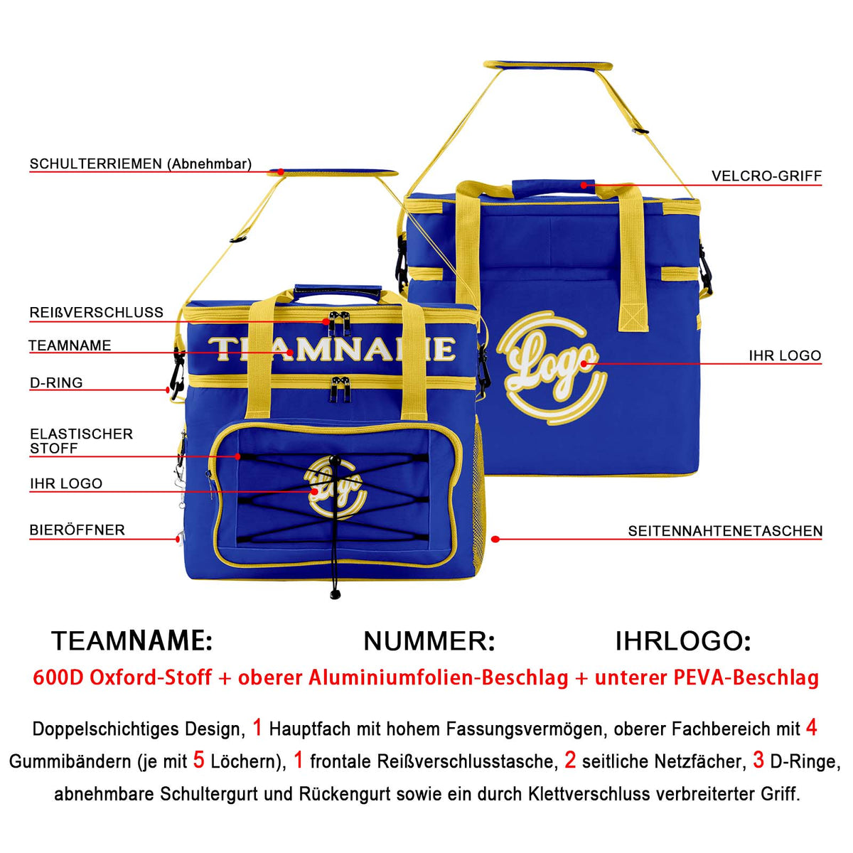 Maßgeschickerte Blau Gelb vollflächig bedruckte isolierte Kühltasche mit Doppelwand Wasserdichte 600D Oxford Picknick-Tragetasche für Teamevents & Outdoor-Grillen