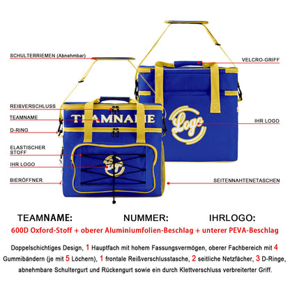Maßgeschickerte Blau Gelb vollflächig bedruckte isolierte Kühltasche mit Doppelwand Wasserdichte 600D Oxford Picknick-Tragetasche für Teamevents & Outdoor-Grillen