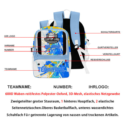 Personalisierter Basketball - und Fußballrucksack in Blau & Weiß und Gelb mit Spielernamen & Nummern und Teamlogo #BP-0919-0007