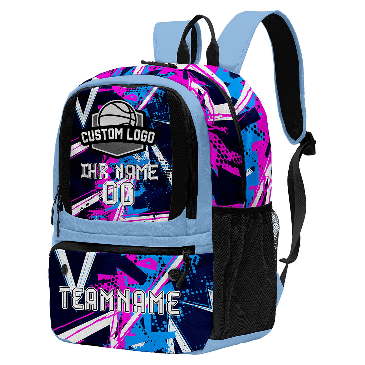 Personalisierter Basketball - und Fußballrucksack in Blau & Schwarz und Weiß mit Spielernamen & Nummern und Teamlogo #BP-0919-0005