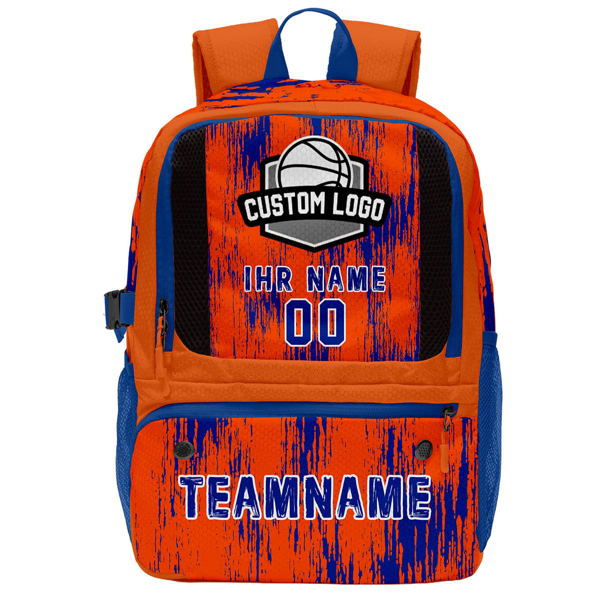 Individuell gestalteter Basketball - und Fußballrucksack in leuchtendem Orange und Königsblau mit personalisierten Spielernamen & Nummern und Teamlogos #BP-0919-0008