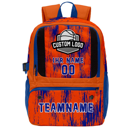 Individuell gestalteter Basketball - und Fußballrucksack in leuchtendem Orange und Königsblau mit personalisierten Spielernamen & Nummern und Teamlogos #BP-0919-0008