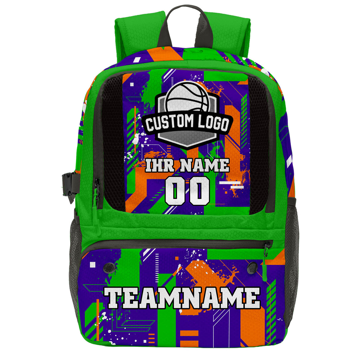 Individuell gestalteter Basketball - und Fußballrucksack in Grün & Lila und Orange mit Spielernamen & Nummern und Teamlogo #BP-0919-0017