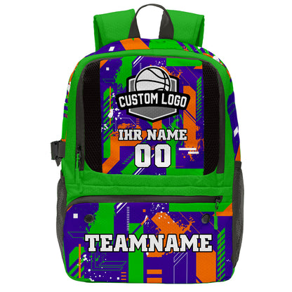 Individuell gestalteter Basketball - und Fußballrucksack in Grün & Lila und Orange mit Spielernamen & Nummern und Teamlogo #BP-0919-0017