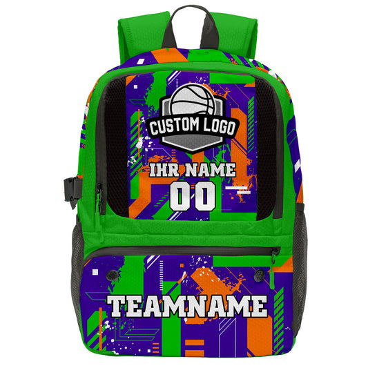 Individuell gestalteter Basketball - und Fußballrucksack in Grün & Lila und Orange mit Spielernamen & Nummern und Teamlogo #BP-0919-0017