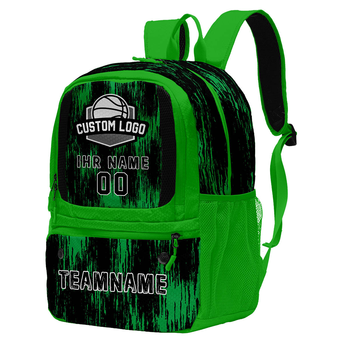 Personalisierter grüner und schwarzer Basketball - Fußballrucksack mit Spielernamen & Nummern und Teamlogo #BP-0919-0016