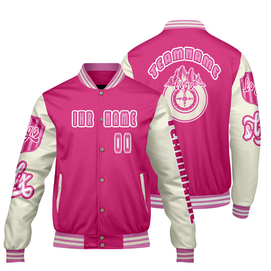Maßgeschneiderte Rosa Weiß Letterman Varsity Jacket Individuelle Stickerei  Druck nach Ihrem Wunsch