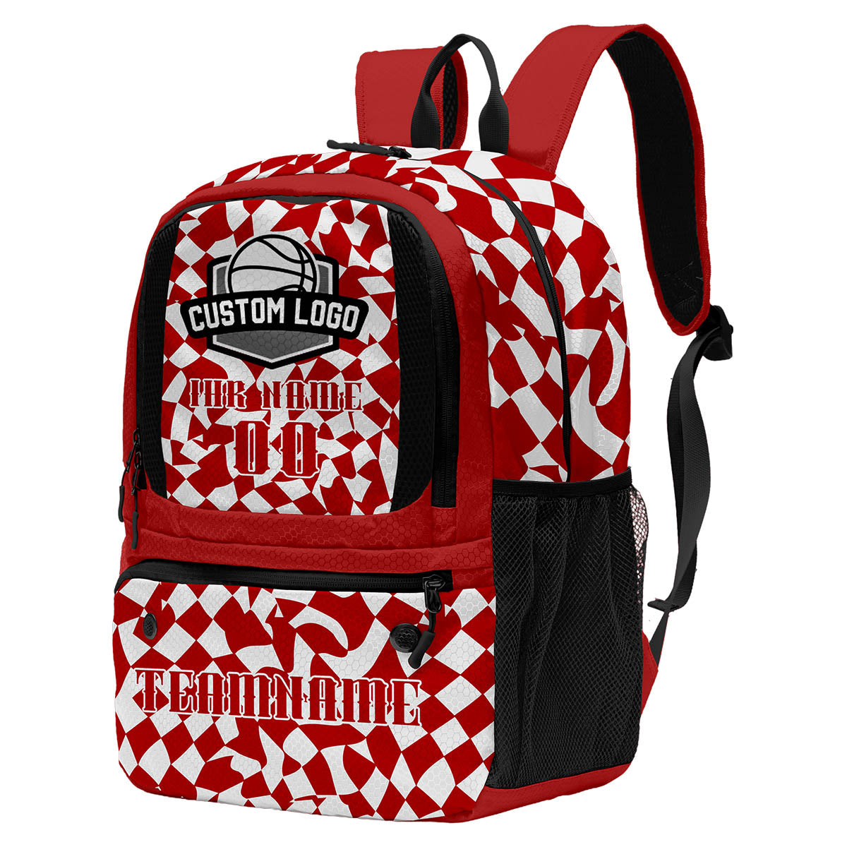 Personalisierter rot - weißer Basketball - Fußballrucksack mit Spielernamen & Nummern und Teamlogo #BP-0919-0033