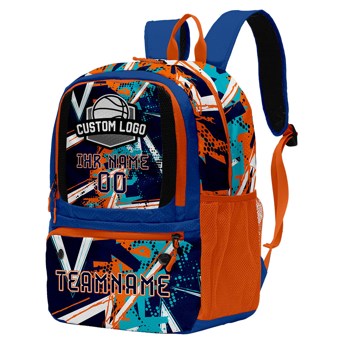 Individuell gestalteter Basketball - und Fußballrucksack in Dunkelblau - Orange mit personalisierten Spielernamen & Nummern und Teamlogos #BP-0919-0014