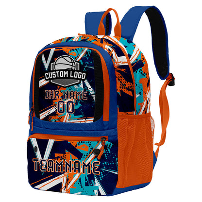 Individuell gestalteter Basketball - und Fußballrucksack in Dunkelblau - Orange mit personalisierten Spielernamen & Nummern und Teamlogos #BP-0919-0014