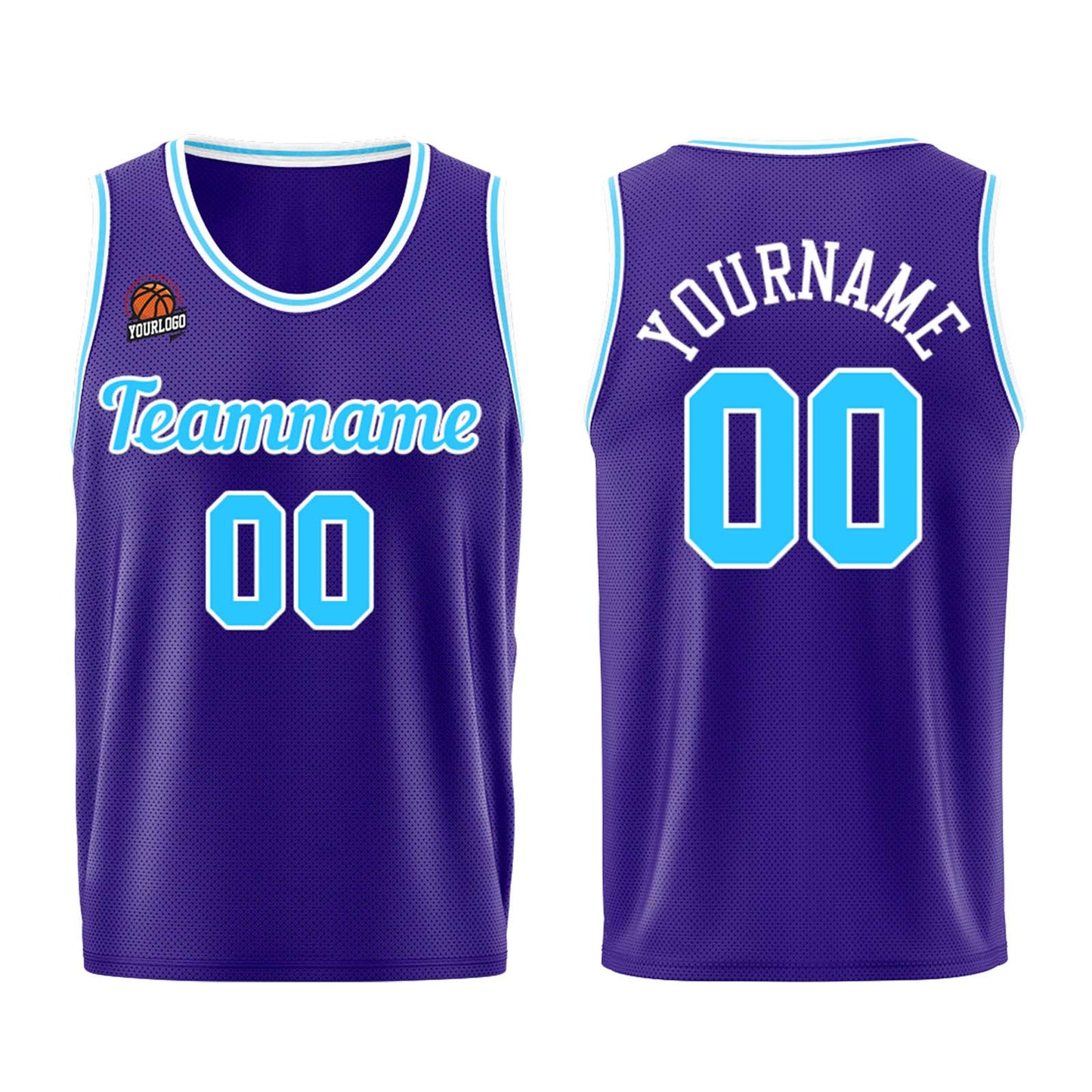 Individuelle Lila Hellblau Basketball Jersey Shorts für Männer und Frauen Gestickter und gedruckter Name, Nummer und Logo