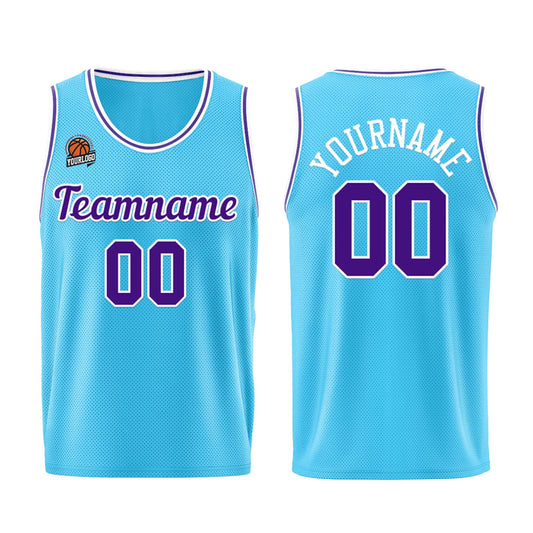 Individuelle Hellblau Lila Basketball Jersey Shorts für Männer und Frauen Gestickter und gedruckter Name, Nummer und Logo