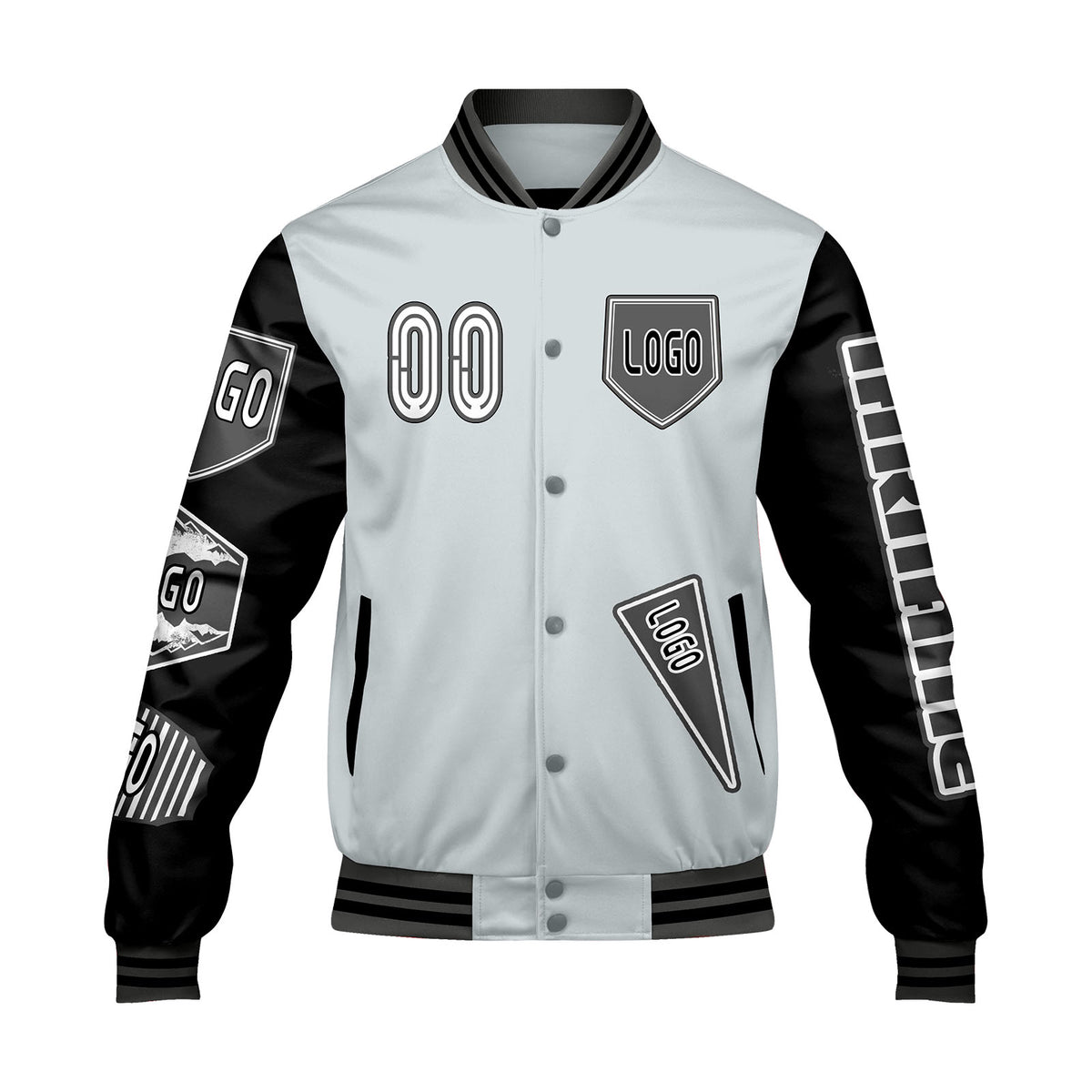Maßgeschneiderte Grau Schwarz Letterman Varsity Jacket Individuelle Stickerei  Druck nach Ihrem Wunsch