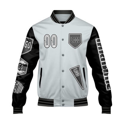 Maßgeschneiderte Grau Schwarz Letterman Varsity Jacket Individuelle Stickerei  Druck nach Ihrem Wunsch